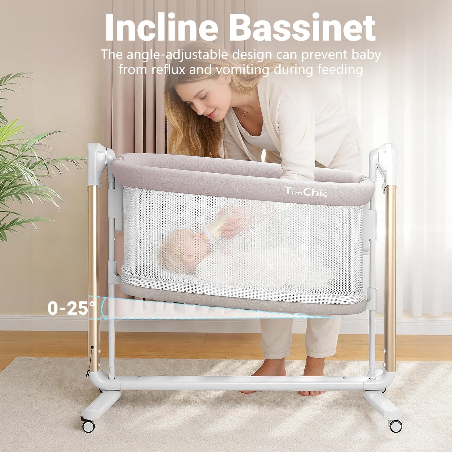 Electric Baby Bassinet, 7 Height Adjustable Rocking Bassinet for Baby, Auto Infant Sleeper with Timer, 12 Lullabies, Wheels, Smart Rocking Crib for Newborns, Beige