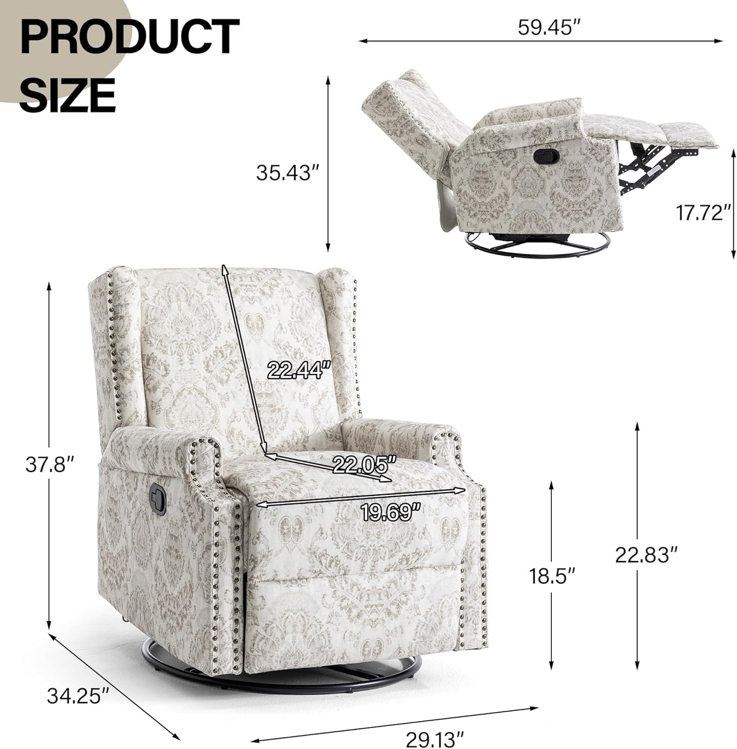 Swivel Rocker Recliner Chair, Manual Nursery Glider Recliner, Floral Fabric Wingback Accent Chair with Adjustable Backrest & Footrest for Small Spaces Living Room Bedroom (Plants Floral, Set of 1)