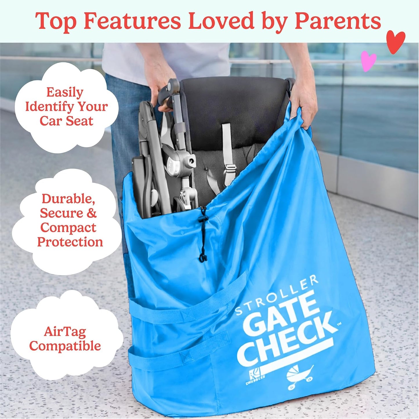 J.L. Childress Gate Check Bag for Single & Some Double Strollers - Travel Bag for Airplane, Fits Most Standard Baby Strollers, Airport Accessories for Gate Check, Flying Essentials - Red