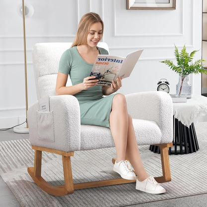Rocking Chair Nursery, Upholstered Nursing Rocker Chair for Mom with High Backrest and Side Pockets for Bedroom Living Room, Beige