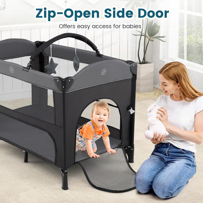 BABY JOY 5-in-1 Pack and Play with Canopy, 4 Level Heights Baby Bedside Sleeper w/Bassinet, U-Shaped Changing Table, Safety Strap, Side Zipper, Portable Bedside Crib Playard from Newborn to Toddlers