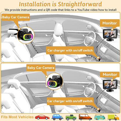 Wkzay Baby Car Camera 2-Pack – HD 1080P, 150° Wide Angle, Night Vision, Adjustable LED Light, Easy Installation, Infant Safety, Rear Seat Monitoring for Car Travel