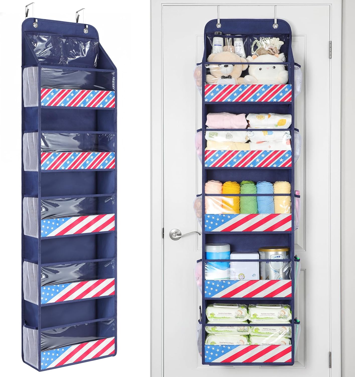 Yecaye 5 Tier 1Pc Over the Door Organizer, Stuffed Animal Storage with Clear PVC Windows, Door Organizer Hanging for Bedroom Nursery Closet Dorm Room Laundry Pantry Bathroom, Grey