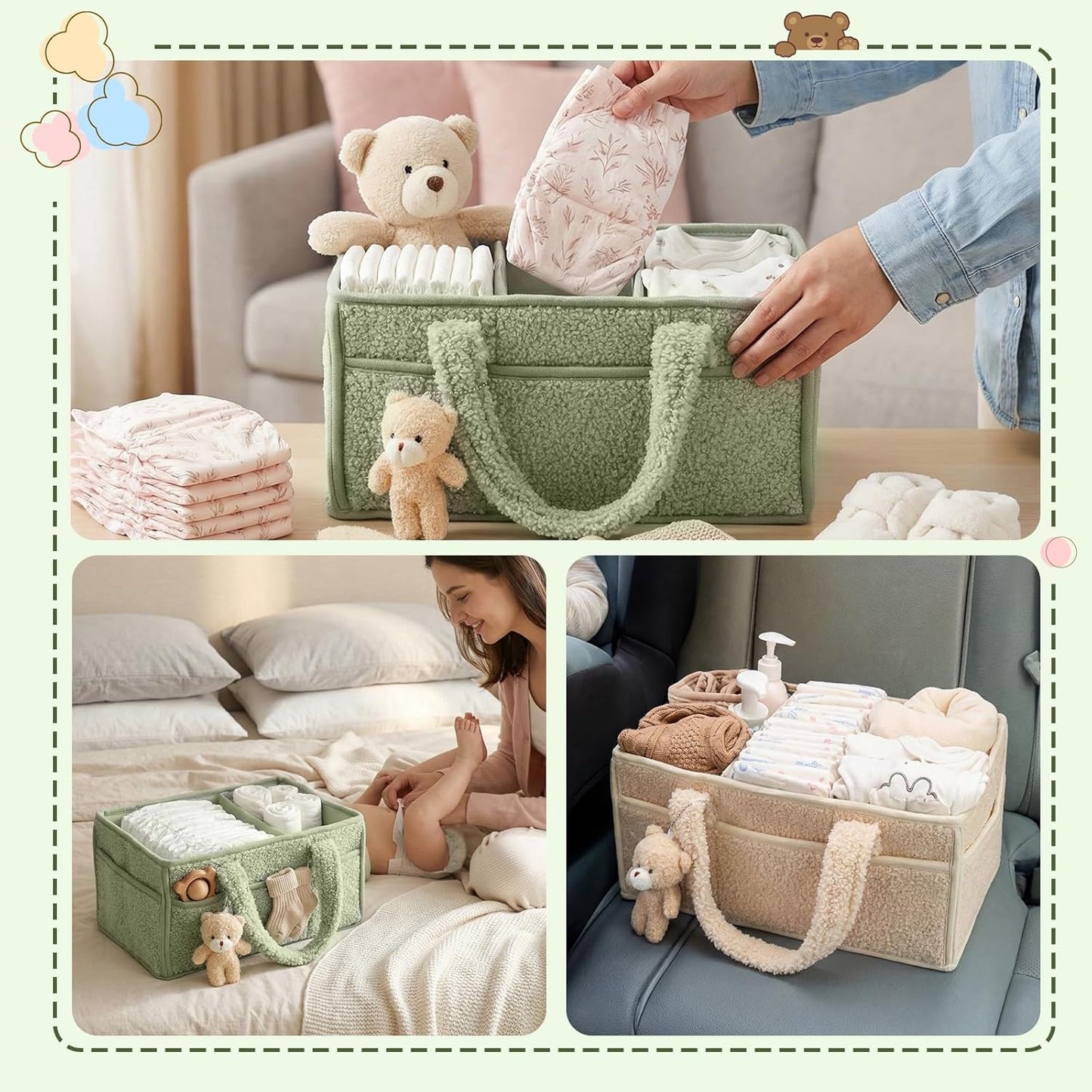 Shinylin 2 Pack Diaper Caddy Organizer Baby Caddy Organizer with Handle Nursery Storage Bin and Car Storage Basket for Diapers, Wipes, Newborn Necessities Baby Shower Gifts(Lily Green and Ivory)