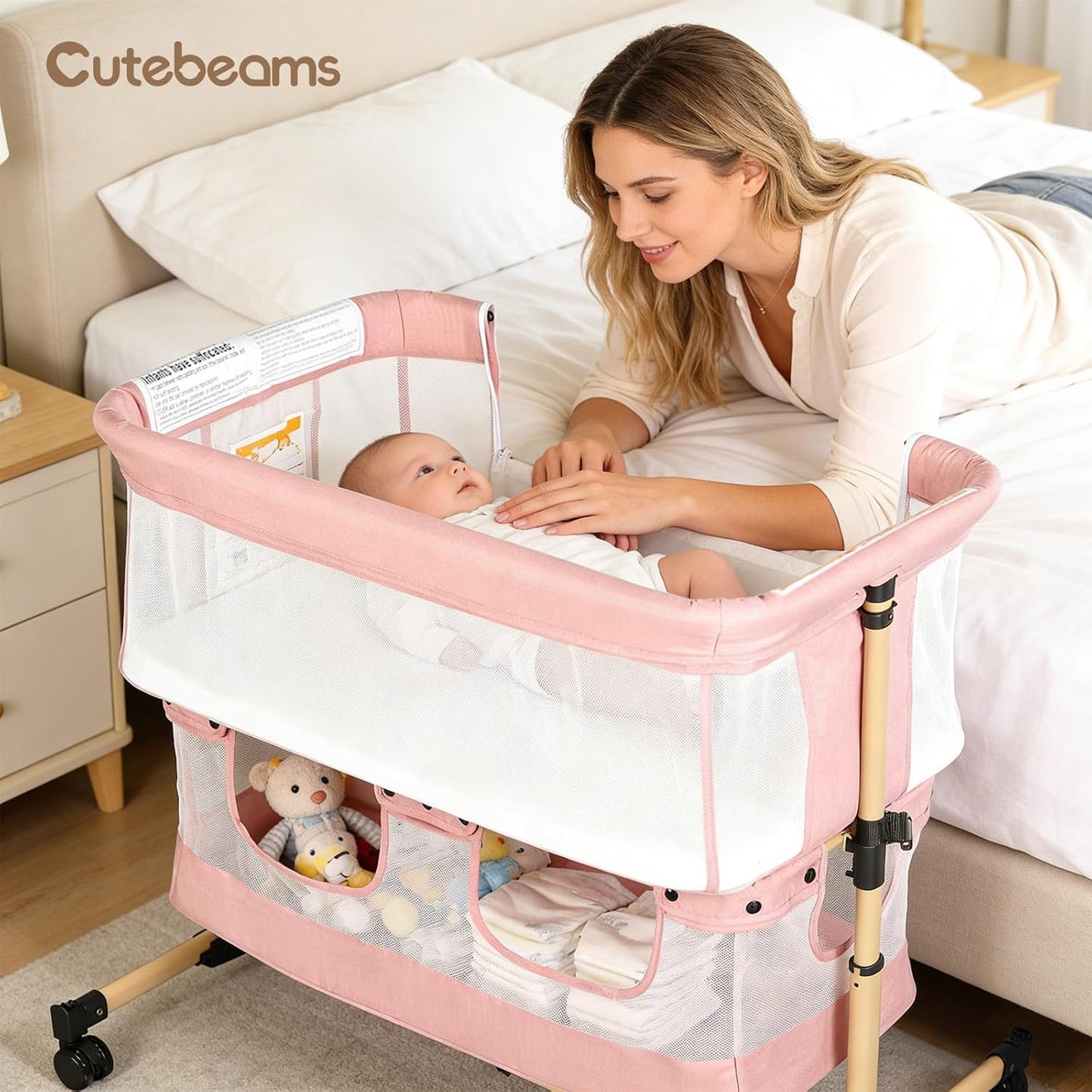 Baby Bassinet, 3 in 1 Infant Bassinet Bedside Sleeper, Bassinet with Cover, Rocking Bedside Bassinet for Baby with Storage Basket, Foldable & Adjustable Travel Crib (Light Pink)