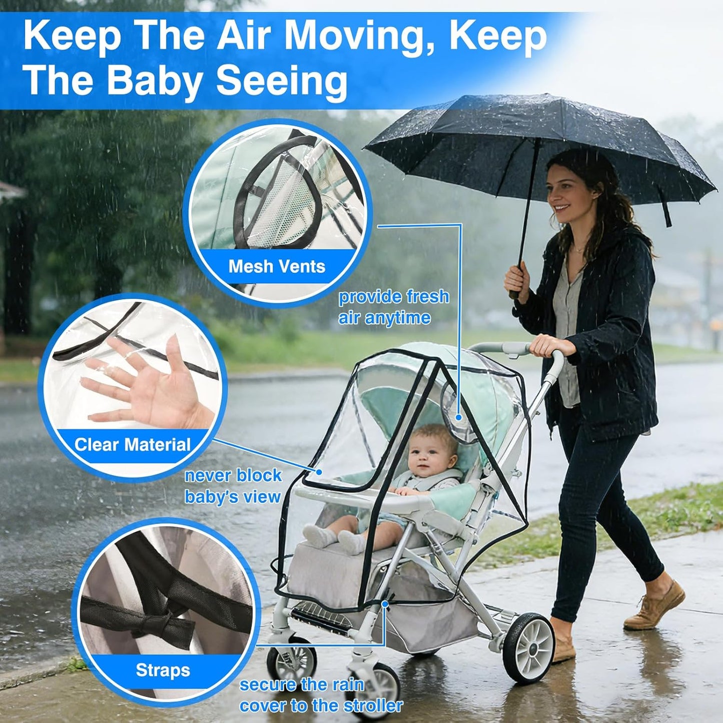 TUPI Stroller Rain Cover, Universal Rain Cover for Stroller with Clear View, Outdoor Weather Shield Breathable, Waterproof Baby Stroller Cover for Rain, Stroller Protector for Wind, Rain, Dust, Snow