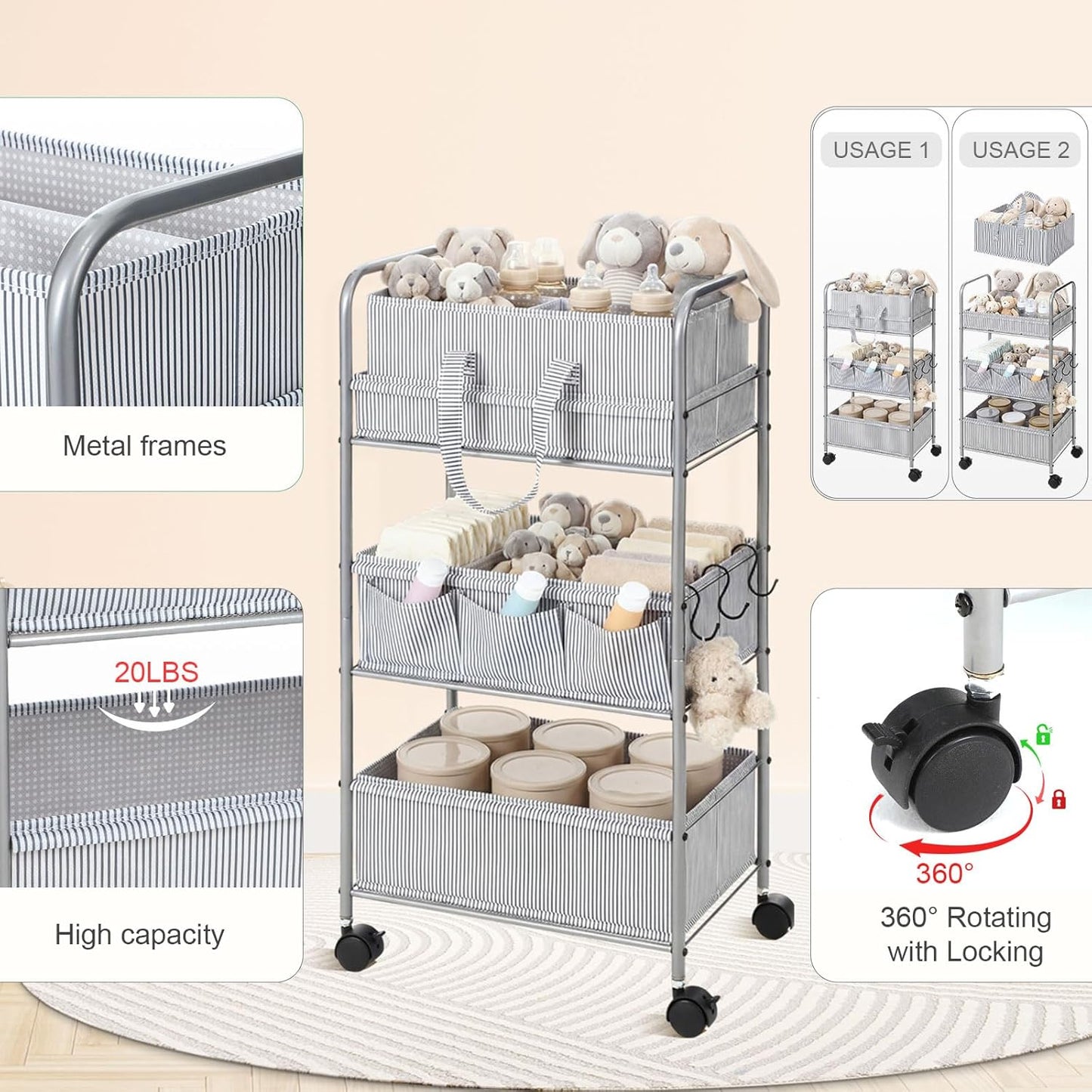 WILLBOND 2in1 Baby Diaper Caddy Organizer Cart, 3 Tier Large Capacity Metal Utility Bedside Rolling Cart with Divider for Newborn Registry Nursery Essential Must Have Gift Baby Shower Bedroom(Pink)