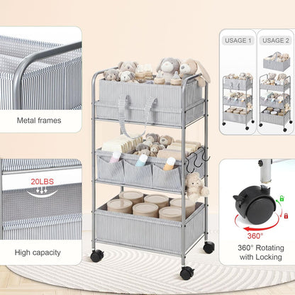 WILLBOND 2in1 Baby Diaper Caddy Organizer Cart, 3 Tier Large Capacity Metal Utility Bedside Rolling Cart with Divider for Newborn Registry Nursery Essential Must Have Gift Baby Shower Bedroom(Pink)