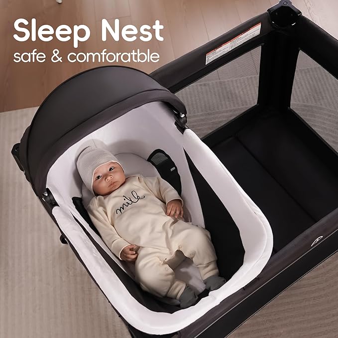 Pamo Babe 4 in 1 Baby Playards with Bassinet & Changing Table, Portable Crib Breathable Mesh and Toy Mobile