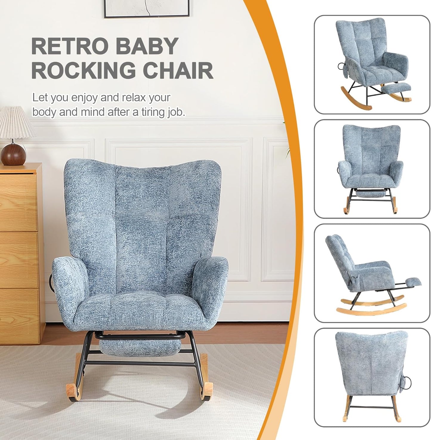 Rocking Chair Nursery with Airbag, Comfy Modern Nursery Rocking Reading Chair indoor with Footrest, Cozy Upholstered Glider Rocker Chairs for Living Room Bedroom Offices(Chenille, Dark Grey)
