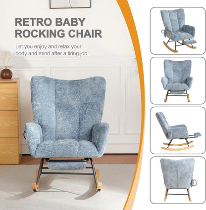 Rocking Chair Nursery with Airbag, Comfy Modern Nursery Rocking Reading Chair indoor with Footrest, Cozy Upholstered Glider Rocker Chairs for Living Room Bedroom Offices(Chenille, Dark Grey)