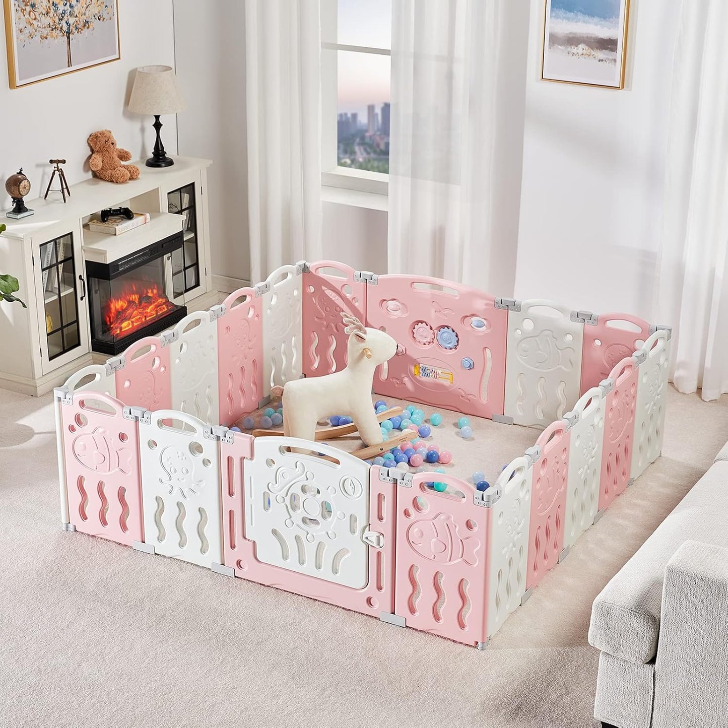 Albott Baby Fence Kid Playpen 18 Panel Albott Play Yard - Foldable Kids Safety Activity Center Playard Safety Lock Gate,Adjustable Shape, Portable Design for Indoor and Outdoor (18 Panel, Grey+White)