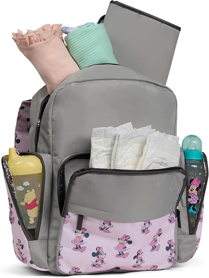 Disney Diaper Bag Backpack with Changing Pad Minnie Mouse – 16” Nylon Baby Bag for Parents, Insulated Bottle Holders, Multiple Storage Pockets