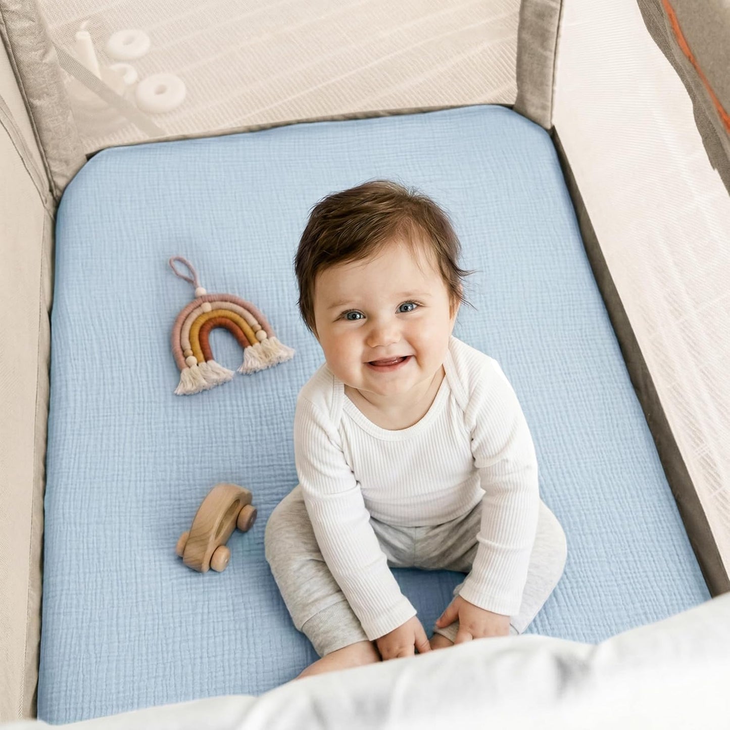 Muslin Bassinet Sheet Compatible with Maxi-COSI Iora & Iora Air Bedside Sleeper - 100% Cotton Rectangular Mattress Pad Cover (33"x20"), Breathable & Soft, Boho (1 Pack Blue)
