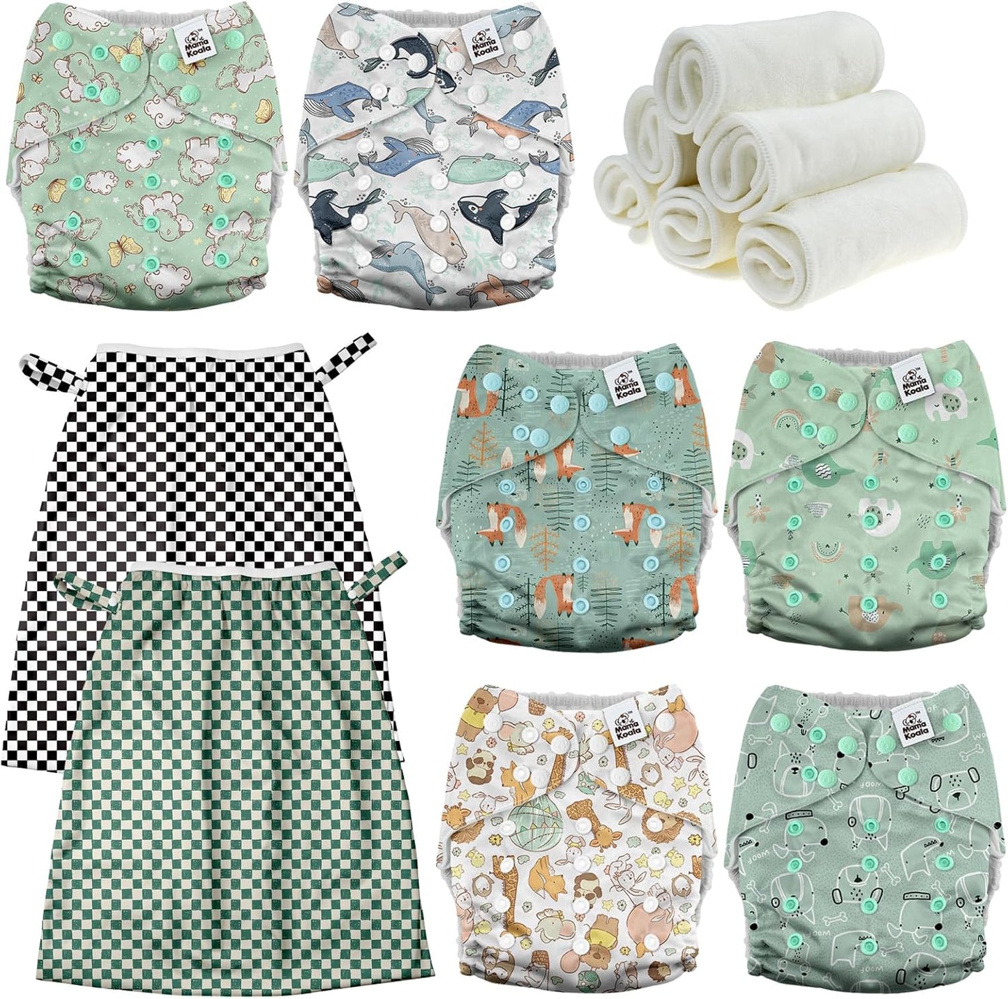 Mama Koala 3.0 Baby Cloth Diapers with 6 Inserts Bundle(Adorable Animal), with 2 Pack Reusable Pail Liner