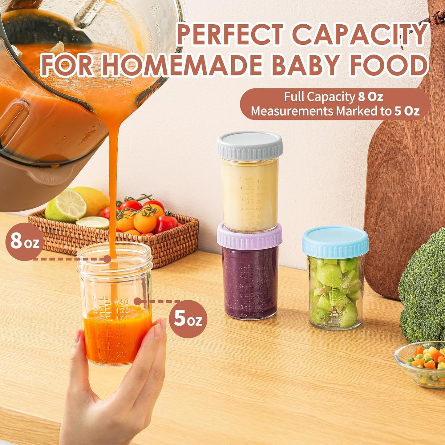 DRKIO 6 Pack Glass Baby Food Storage Containers - 4 Oz Baby Food Jars with Lids Baby Food Maker Microwave Dishwasher Freezer Safe 100% Leak Proof BPA Free Reusable