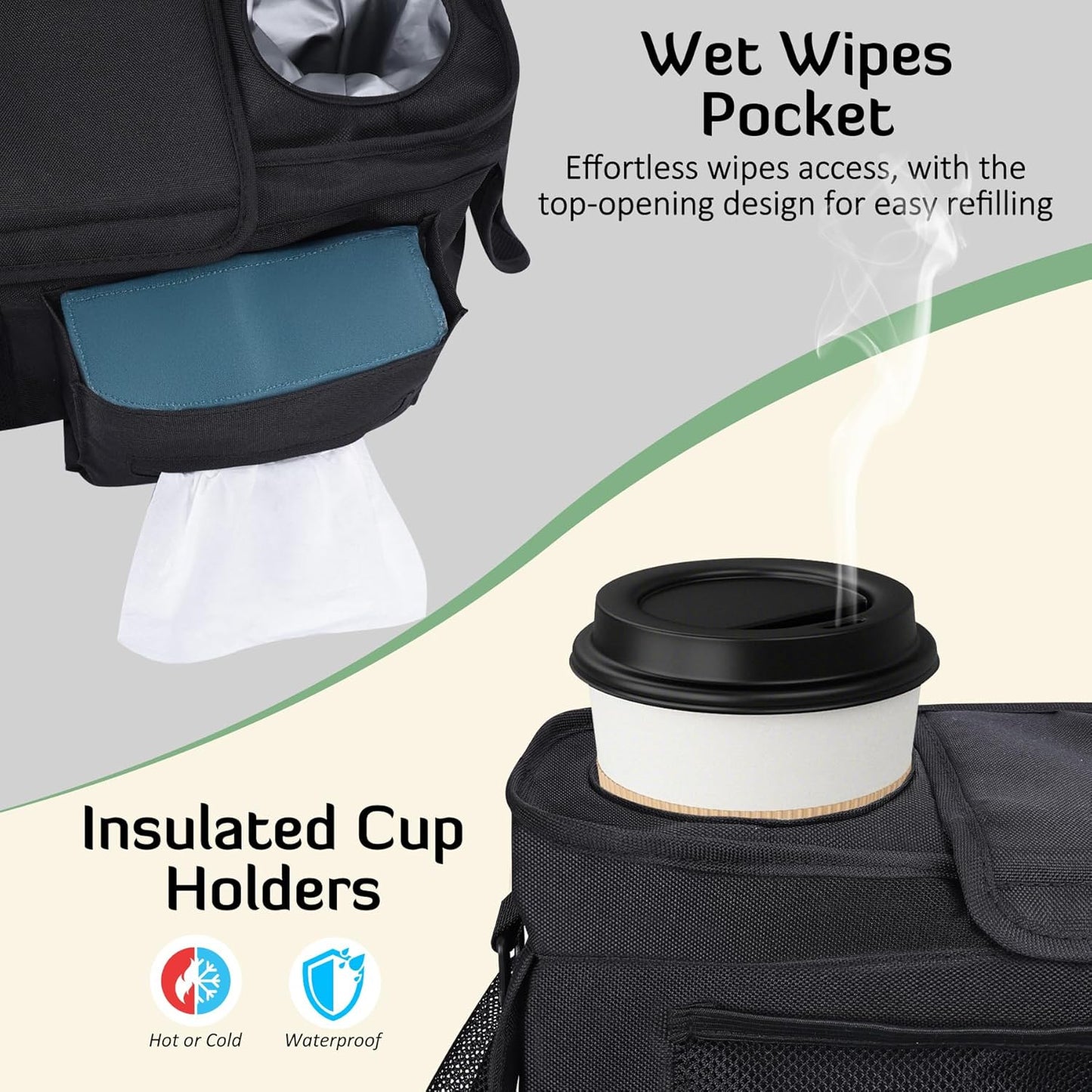 INFANZIA Universal Adjustable Stroller Organizer with Insulated Cup Holders, Phone Bag & Detachable Shoulder Strap, Fits Uppababy, Doona, Britax, Jogging Strollers and Most Baby Strollers (Black)
