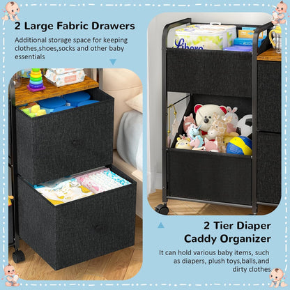 Baby Diaper Caddy Organizer Cart with Wheels, 2 Tier Rolling Cart with Dividers and Drawers, Mobile Utility Cart Bedside for Nursery, Bedroom, Baby Newborn Essentials Storage Cart, Black