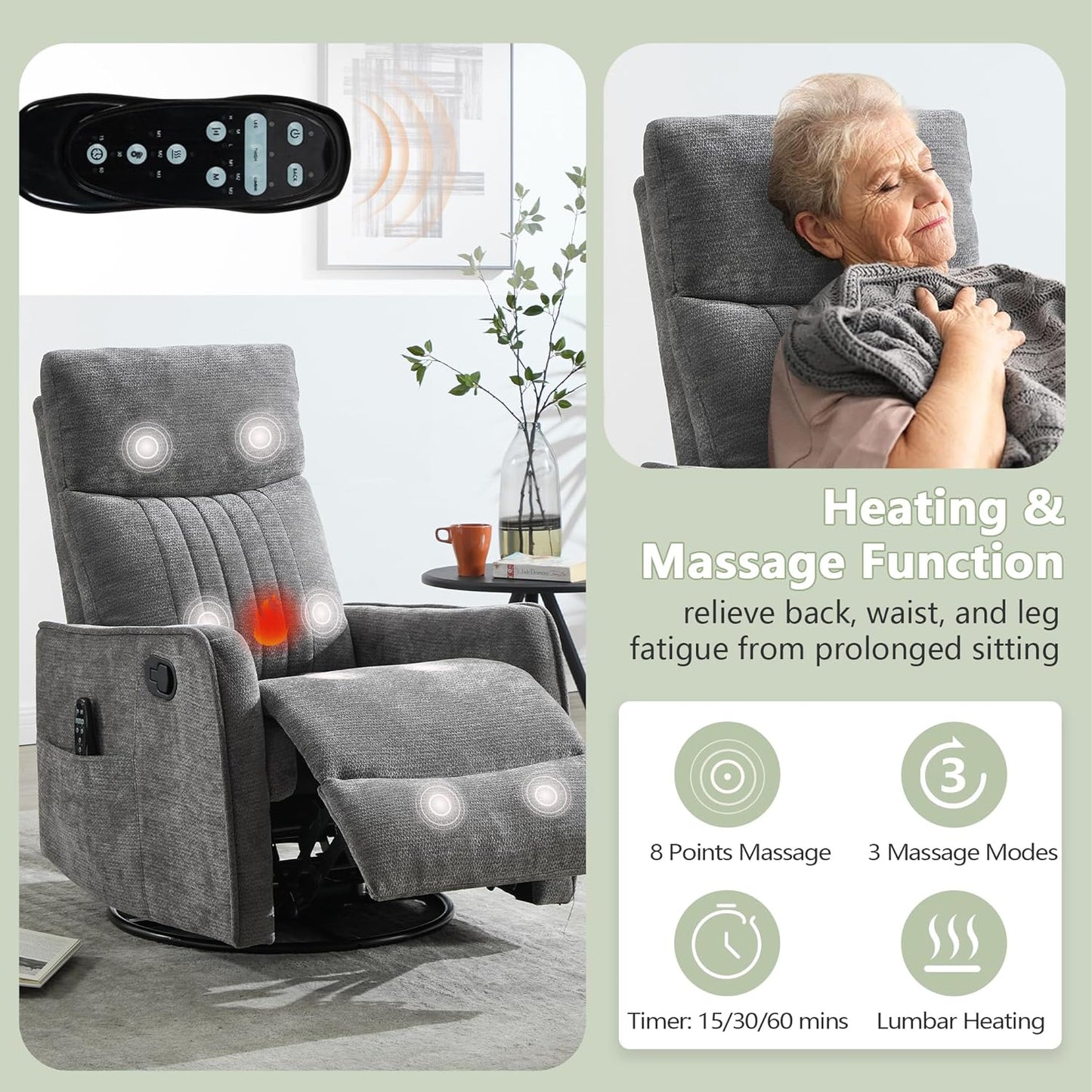 cinkehome Swivel Rocker Recliner, Glider Rocker Recliner Chair for Nursery, Manual Reclining Chair with Heated Massage, Small Spaces, Living Room, Khaki Chenille