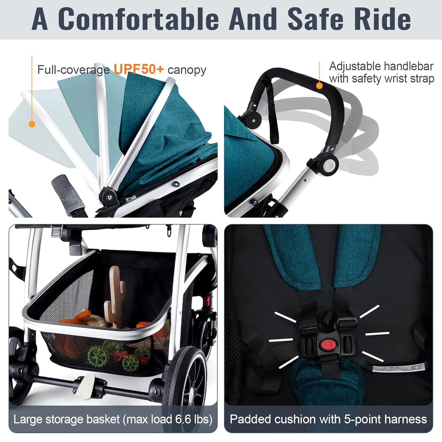 Baby Stroller, 2-in-1 Reversible Toddler Seat with Lie-Flat Mode, Foldable Infant Stroller with Canopy, One Button Brake, Adjustable Handle, Newborn Pushchair (Black B)