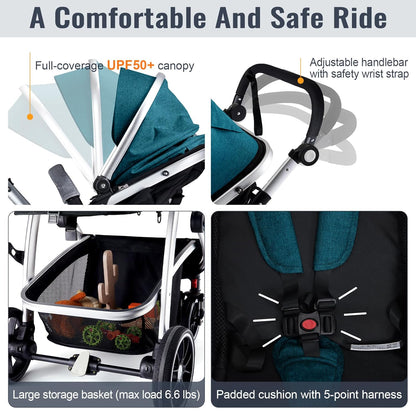 Baby Stroller, 2-in-1 Reversible Toddler Seat with Lie-Flat Mode, Foldable Infant Stroller with Canopy, One Button Brake, Adjustable Handle, Newborn Pushchair (Black B)