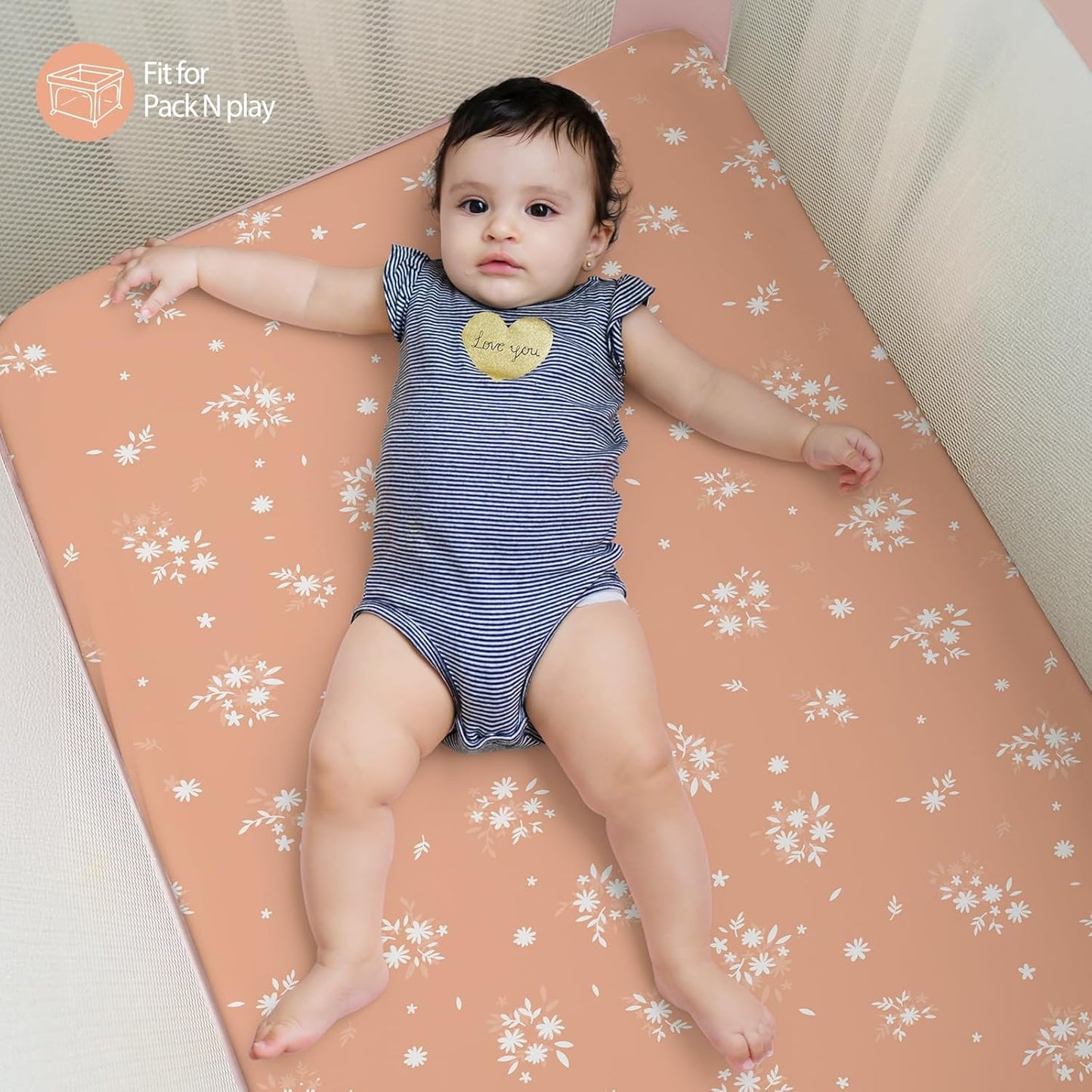 Baby Mini Crib Sheets Girl, Portable 38”x26” Pack and Play Sheets Fitted for Playard and Pack N Play Mattress, 3-Pack Soft Microfiber Pink Rainbow