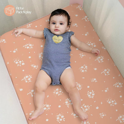 Baby Mini Crib Sheets Girl, Portable 38”x26” Pack and Play Sheets Fitted for Playard and Pack N Play Mattress, 3-Pack Soft Microfiber Pink Rainbow