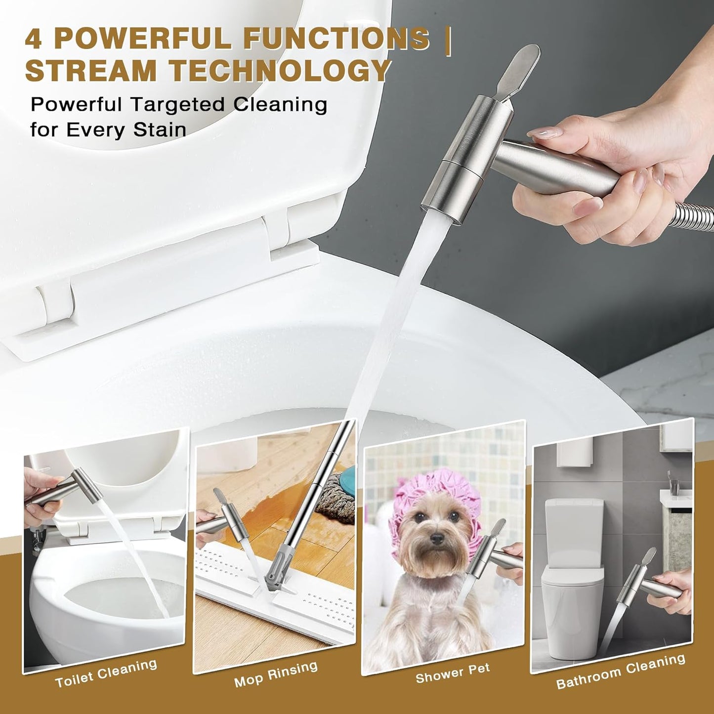 Bidet Toilet Sprayer Head Stainless Steel Handheld Sprayer for Feminine Wash, Cloth Diaper, Bathroom, Kitchen and Toilet Cleaning 4 Functions Brushed Nickel