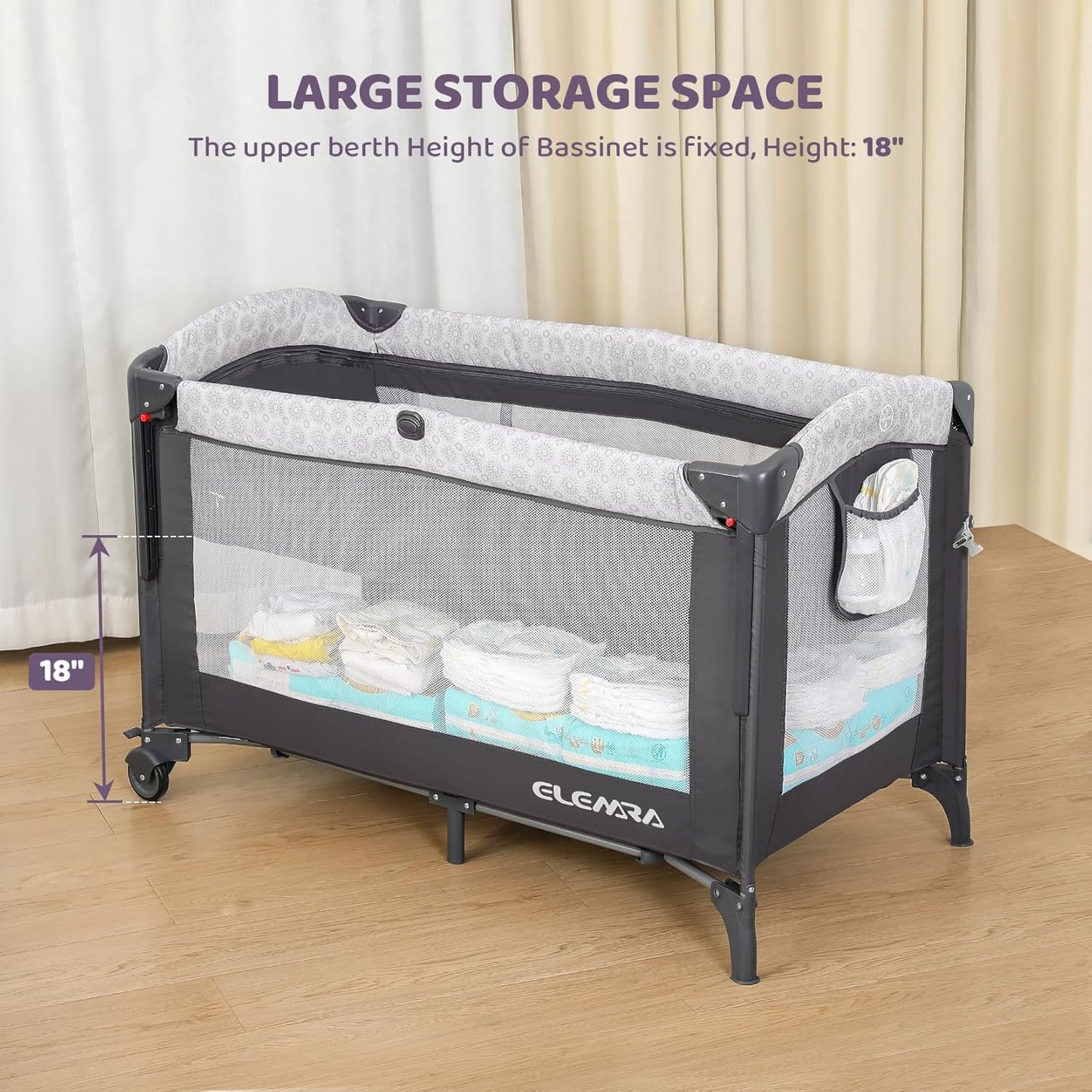 ELEMARA Wide Baby Bassinet Bedside with Diaper Changer,Long Next to Bed Crib with Mattress,Sheet,Music, Playpen Travel Bed with Storage (3 in 1 Baby Bassinet, 3 in 1 Full)