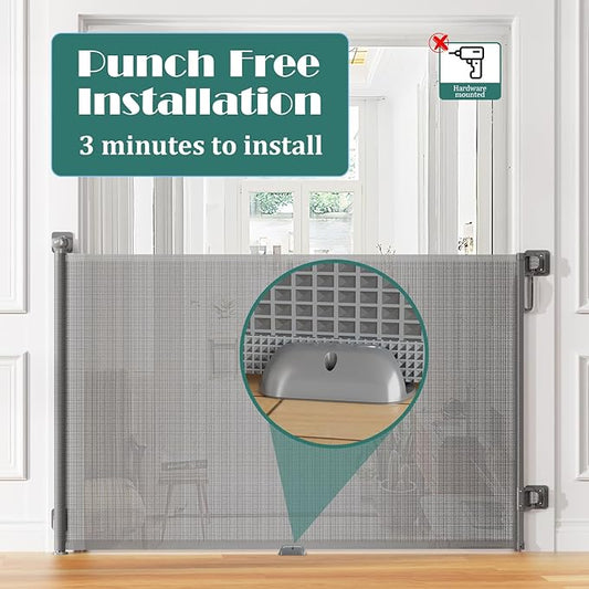 Babepai Retractable Baby Gates No Drilling | 54" Wide x 34" Tall Dog Gates for Stairs | Indoor/Outdoor Use | Child Gates for Doorways, Deck, Porch, Hallways, Patio - Gray