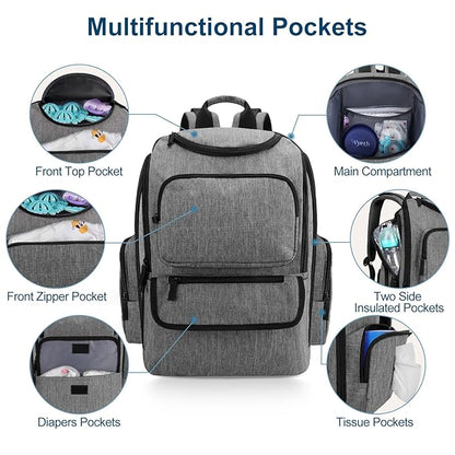 Mancro Diaper Bag Backpack, Baby Diaper Bag with 2 Side Insulated Pockets, Travel Diaper Backpack for Men Women with Stroller Straps, Large Capacity and Waterproof, Grey