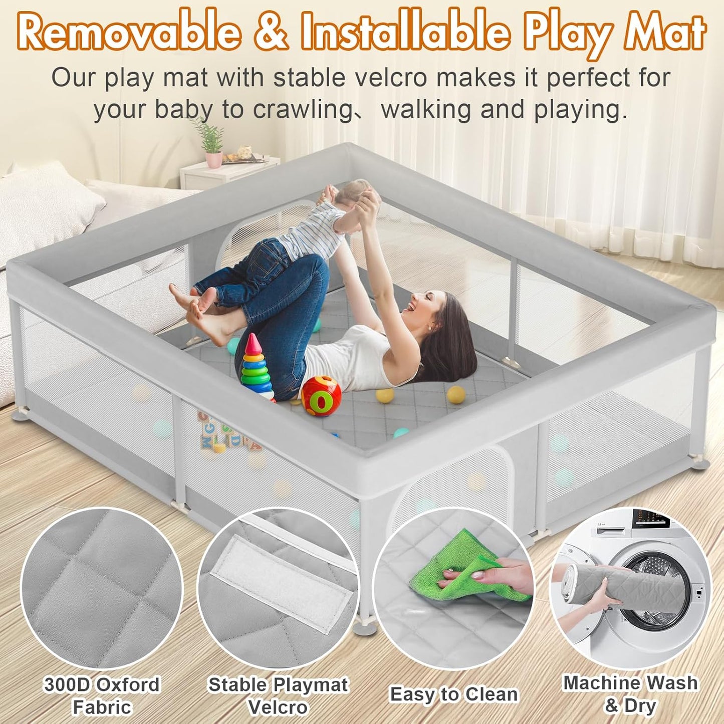 Omzer Baby Playpen with Mat 71"×59" - Extra Large Playpen for Babies and Toddlers with Mat Included, Safety Playard for Baby with Gate, All-Wrapped Soft Sponge Baby Gate Playpen with Stable Mat Velcro