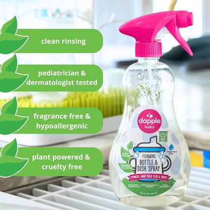 Dapple Baby Bottle & Dish Foaming Power Spray, Hypoallergenic Dish Soap for Baby Bottles, Powered by Plants, Fragrance Free, 16.9 Fl Oz (Pack of 2)