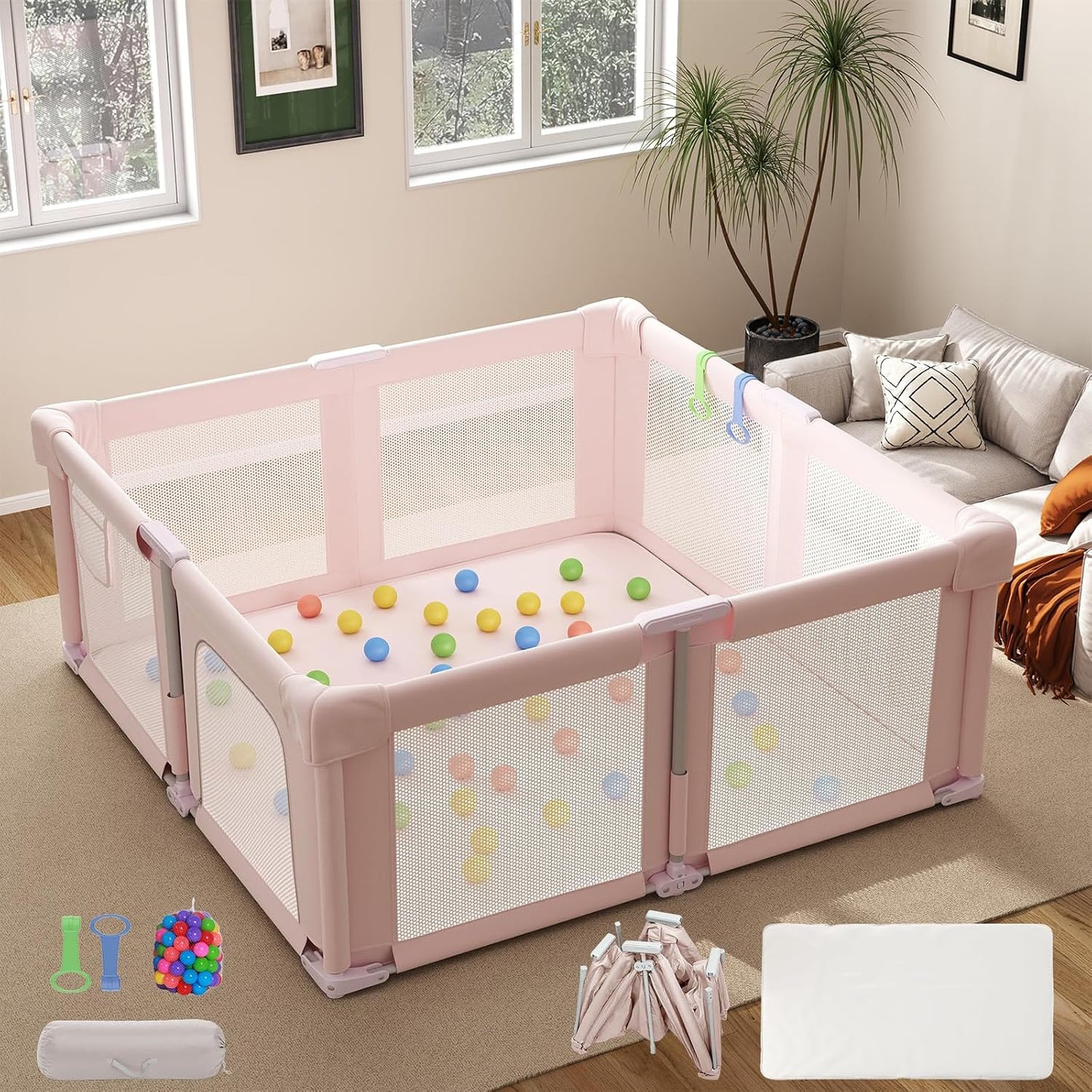 Foldable Playpen for Babies and Toddlers, 51" Portable Play Pen with Mat and Ocean Balls, Play Yard with with Visible Mesh for Inddor and Outdoor, No Assembly Required, Dark Gray