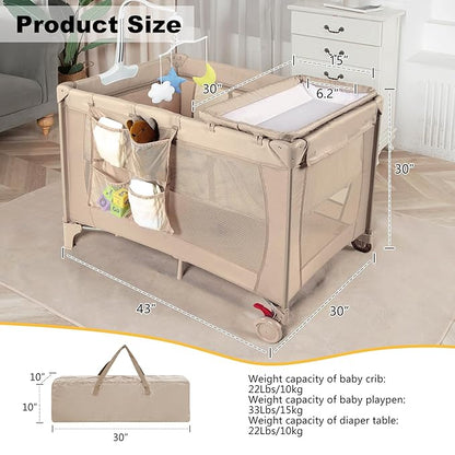 Pack and Play with Changing Table & Carry Bag, 4-in-1 Portable Crib Playpen for Newborn to Toddler, ASTM Certified Foldable Travel Crib with Bassinet(C-Khaki)
