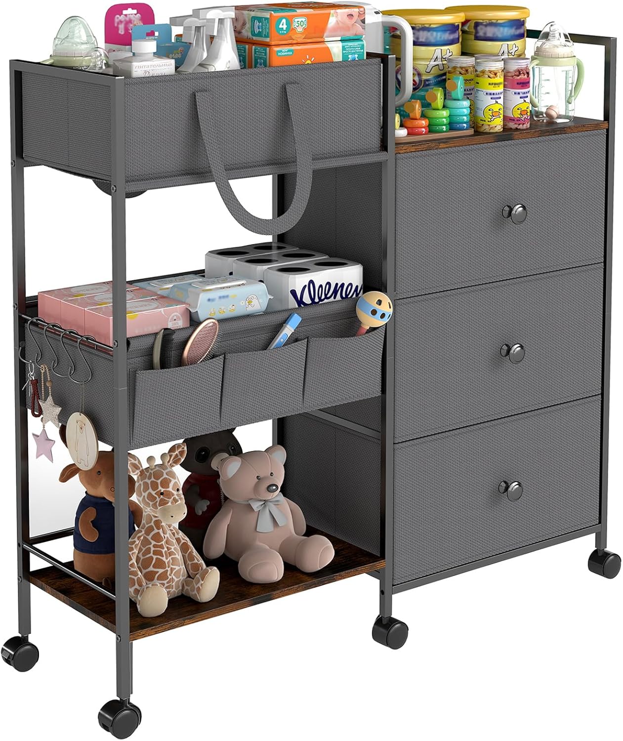 Diaper Caddy Organizer and Storage, 3-Tier Baby Storage Organizers with 2+2 Dividers, Large Capacity Diaper Rolling Cart for Nursery, Diaper Caddy Cart for Crib, Bedroom, Bathroom