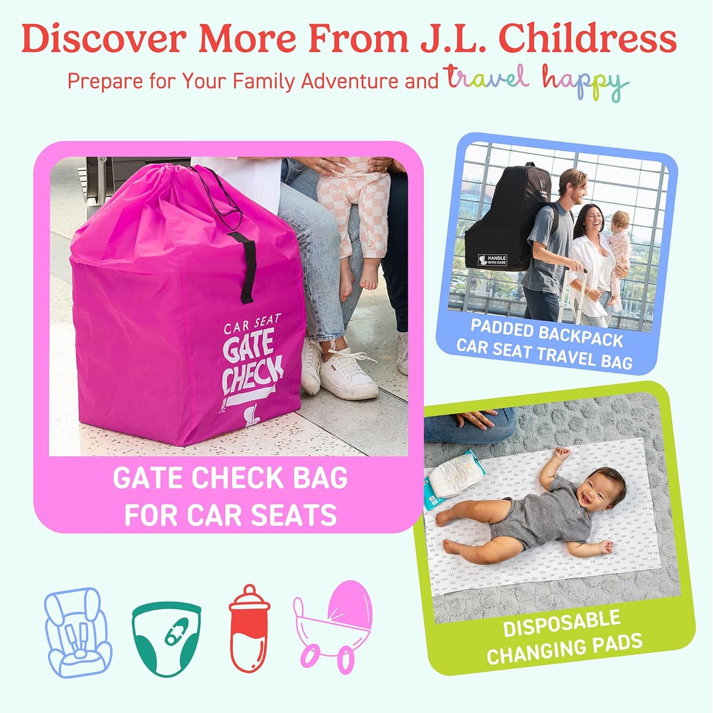 J.L. Childress Gate Check Bag for Single & Some Double Strollers - Travel Bag for Airplane, Fits Most Standard Baby Strollers, Airport Accessories for Gate Check, Flying Essentials - Red