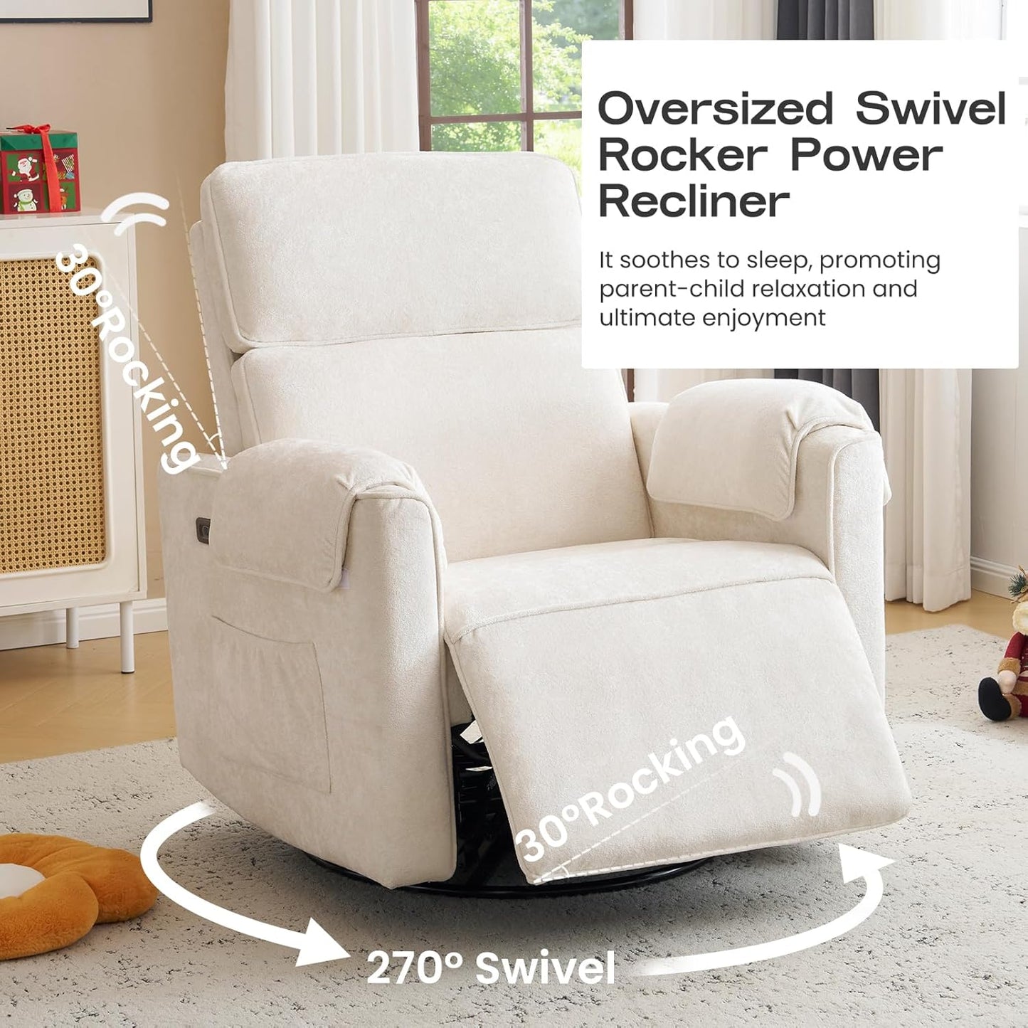 Oversized Power Recliner Chair Swivel Glider with Adjustable Headrest, 26" Extra Wide Glider Nursery Chair with Overstuffed Armrest, USB Ports, Chenille Fabric, Cream