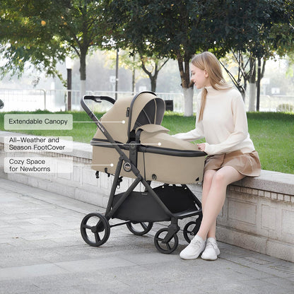 Gromast 3-in-1 Baby Stroller, Convertible Stroller for Newborn Infant Toddler with Reversible Seat, UPF 50+ Canopy & Cup Holder - Black