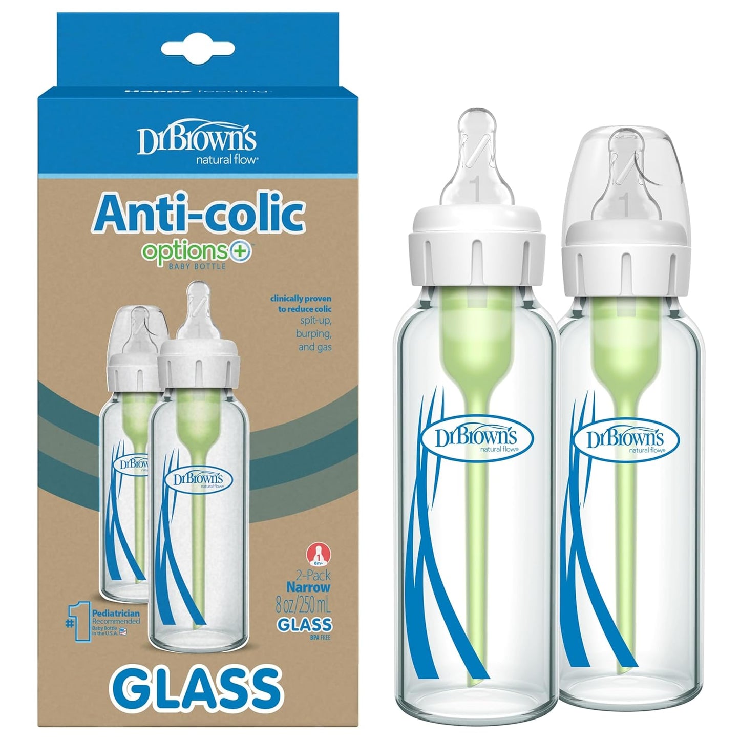Dr. Brown's Anti-Colic Options+ Narrow Glass Baby Bottle with Level 1 Slow Flow Nipple, BPA-Free, 8 oz/250 mL, 0m+, 4-Pack (Packaging May Vary)