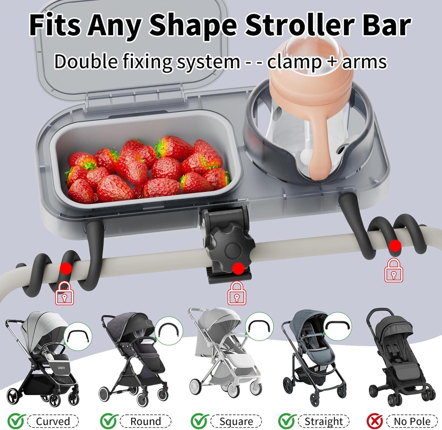 Universal Stroller Snack Tray, 3-in-1 Cup Holder Tray with Clamp & Silicone Arms Grip & Detachable Silicone Tray, Stroller Tray Attachment for Toddler & Kids, Snacking On The Go