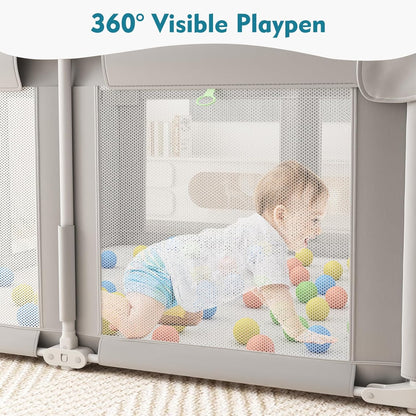Foldable Playpen for Babies and Toddlers, 51" Portable Play Pen with Mat and Ocean Balls, Play Yard with with Visible Mesh for Inddor and Outdoor, No Assembly Required, Dark Gray
