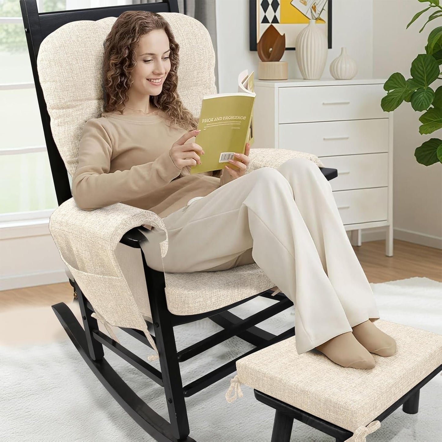 SINOSSO Glider Rocker Cushion Set (5 Pcs), Soft Blended Fabric High-Density Support Foam Seat Cushions with Ties, Fits Rocking Chair/Nursery Glider & Ottoman, Black-Gray