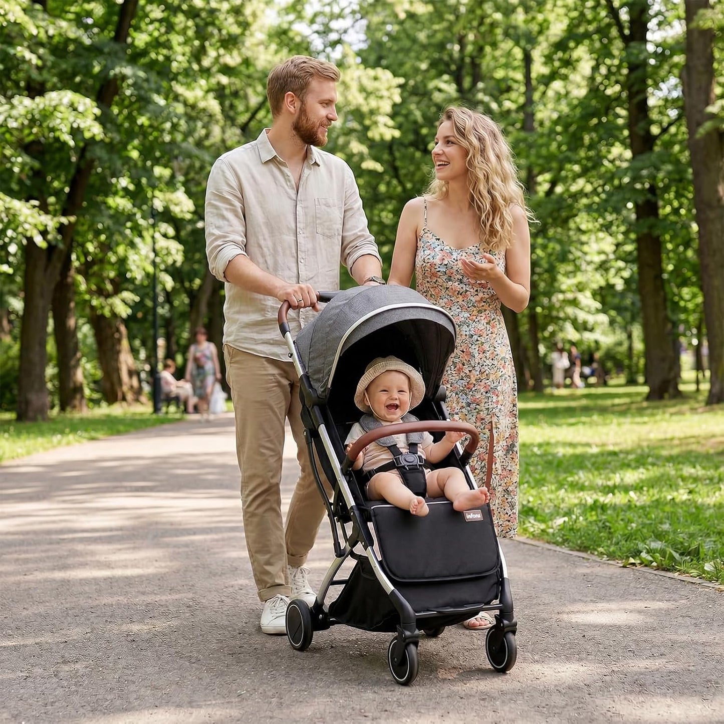 INFANS Travel Stroller, Lightweight Compact Baby Stroller for Airplane with One-Hand Fold, Multi-Position Recline, Canopy, 4 Wheel Suspension, Storage Basket (Grey+Black)