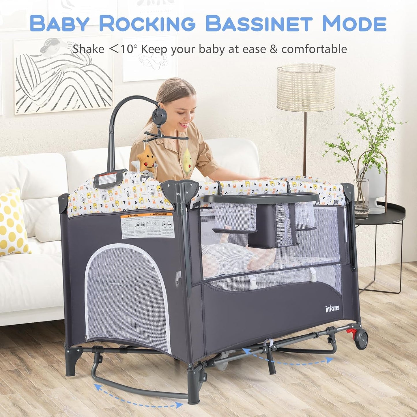 INFANS Pack and Play, 5 in 1 Baby Bedside Sleeper with Bassinet, Diaper Changer, Mattress, Carry Bag, Music Box Hanging Toys, Foldable Bedside Crib, Portable Playard for Newborn Toddlers (Gray)