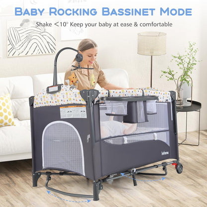 INFANS Pack and Play, 5 in 1 Baby Bedside Sleeper with Bassinet, Diaper Changer, Mattress, Carry Bag, Music Box Hanging Toys, Foldable Bedside Crib, Portable Playard for Newborn Toddlers (Gray)