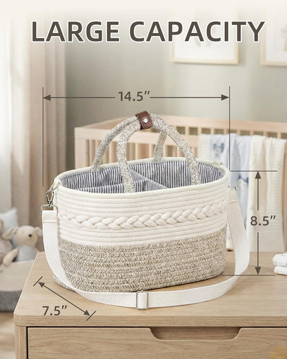 Baby Diaper Caddy Organizer With Handle, Cotton Rope Baby Shower Basket, Large Diaper Caddy with Shoulder Straps for Newborn Parents, Home and Car Travel, 14.5"x8.5"x7.5
