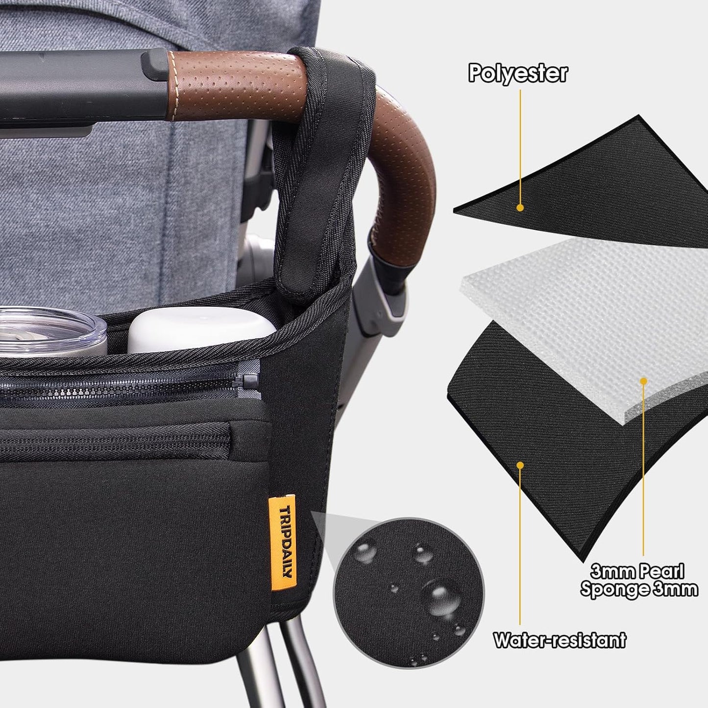 Parent Organizer Bag, Stroller Organizer Fits for Uppababy Vista, Cruz, Minu, Stroller Caddy with Cup Holder, Zippered Pocket, Multiple Pockets and Adjustable Straps, Easy to Carry