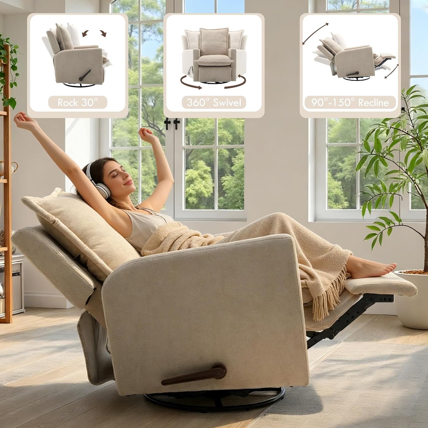 Nursery Glider Recliner Rocking Chair High Back Nursery Recliner Modern Adult Nursery Swivel Rocker Recliner for Nursery Bedroom Living Room and RV