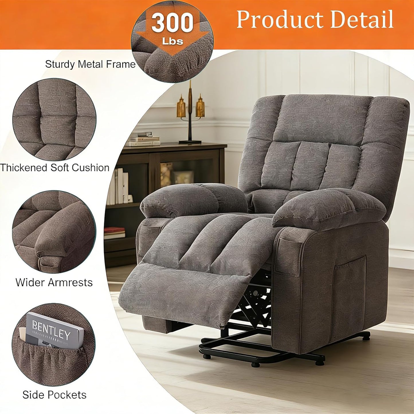 Power Lift Recliner Chair for Adult with Heated and Full Body Massage, Glider Nursery Chair with Cup Holder and USB Charge Port, Oversided Swivel Rocker Recliner for Living/Study/Bedroom Room, Grey